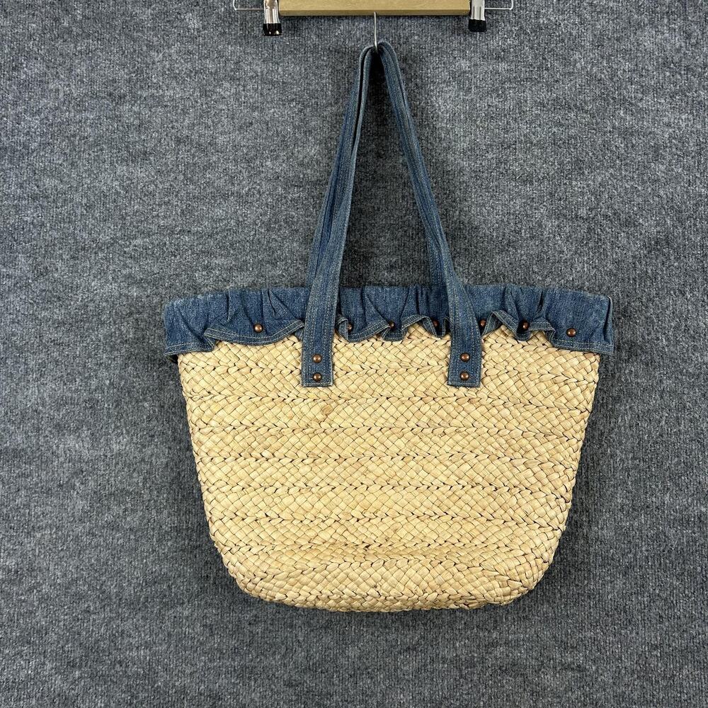 Vintage Ralph Lauren Straw Tote Bag Large Beige Denim Trim Beach Boho Summer - Picture 7 of 15
